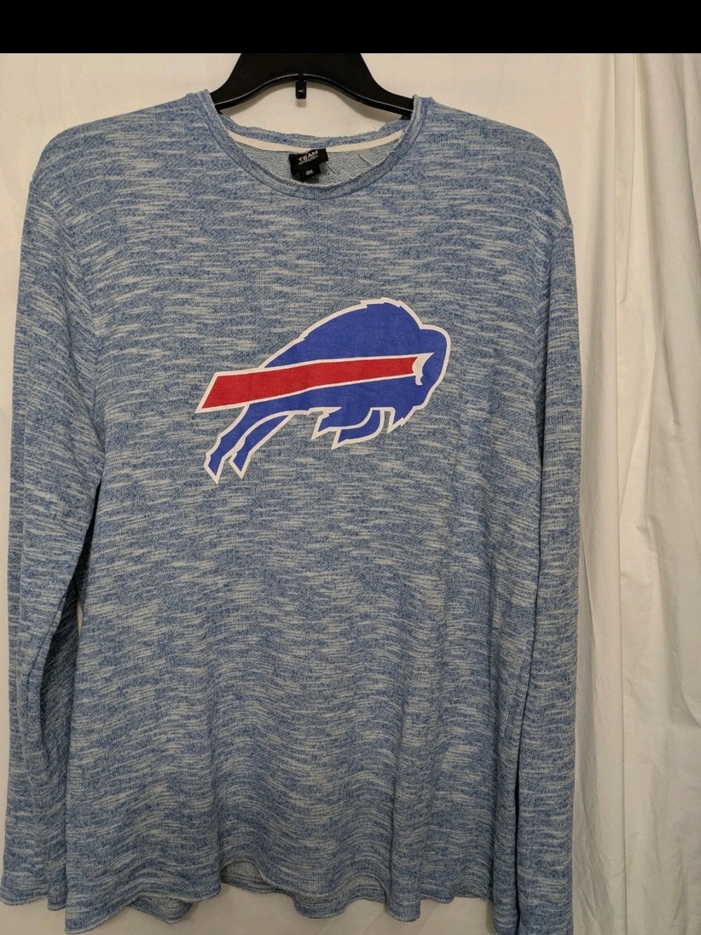 NFL Blue Marled Crewneck Sweater with Red & White Buffalo Logo